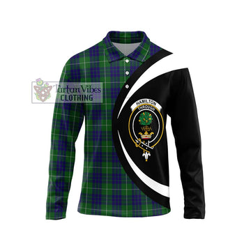 Hamilton Green Hunting Tartan Long Sleeve Polo Shirt with Family Crest Circle Style