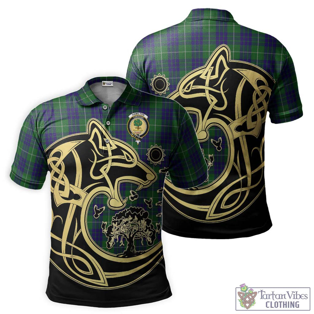 Hamilton Green Hunting Tartan Polo Shirt with Family Crest Celtic Wolf Style Kid - Tartanvibesclothing Shop