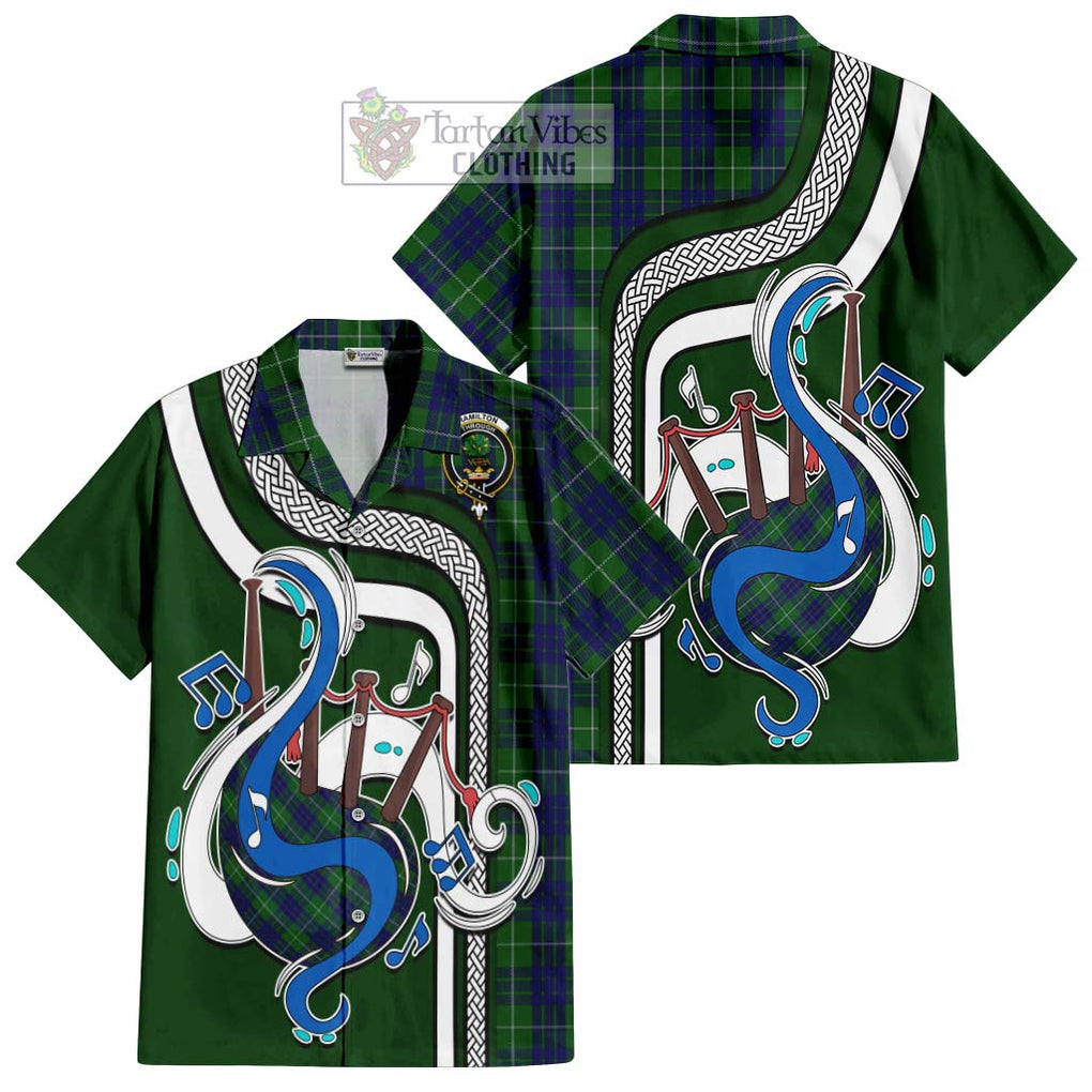 Hamilton Green Hunting Tartan Short Sleeve Button Shirt with Epic Bagpipe Style Kid - Tartanvibesclothing Shop