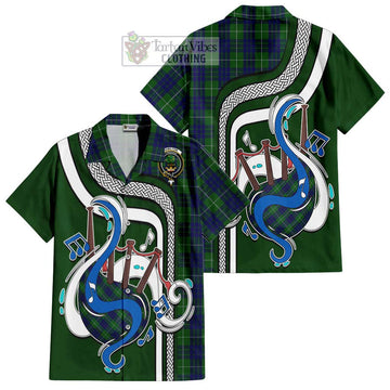 Hamilton Green Hunting Tartan Short Sleeve Button Shirt with Epic Bagpipe Style