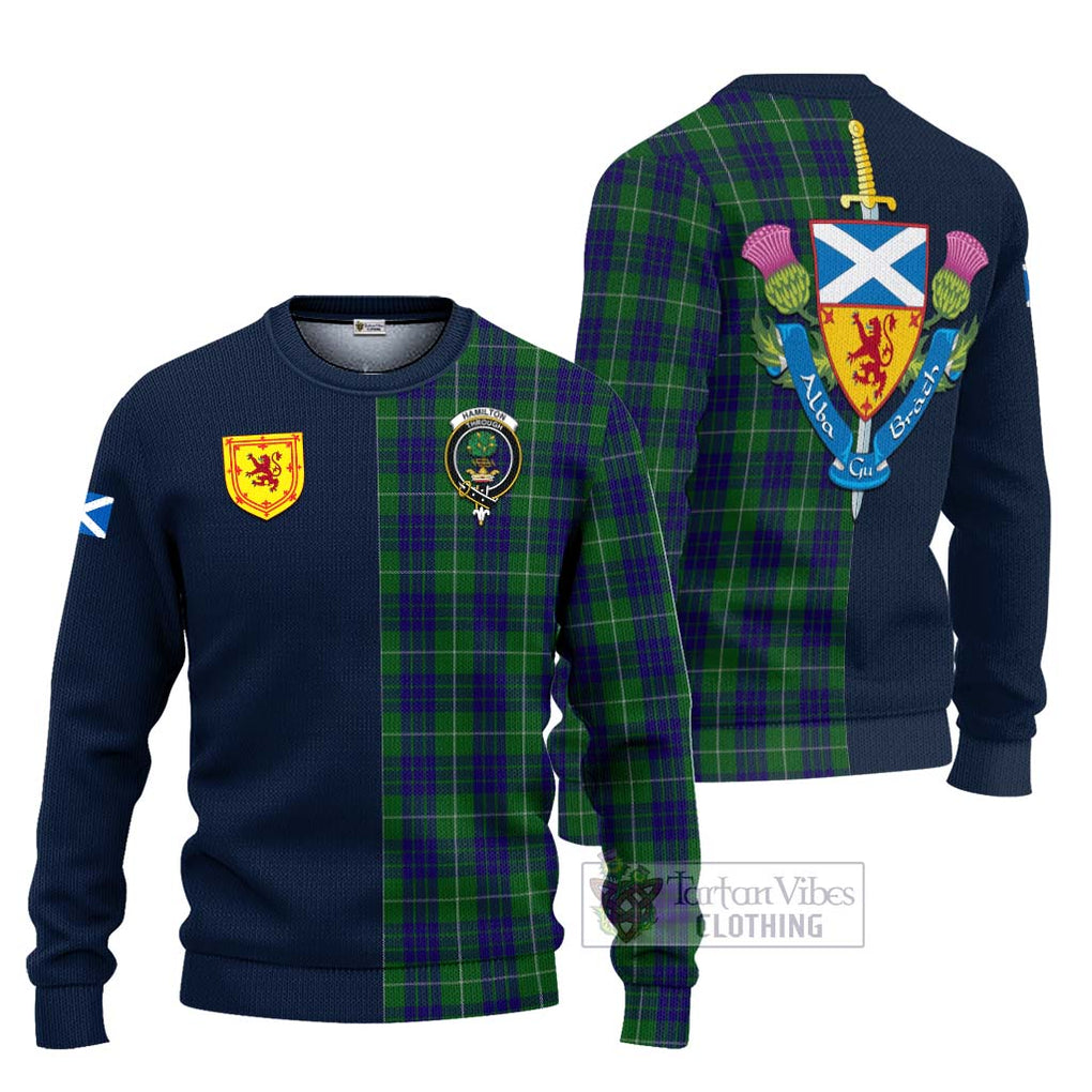 Tartan Vibes Clothing Hamilton Green Hunting Tartan Knitted Sweater with Scottish Lion Royal Arm Half Style