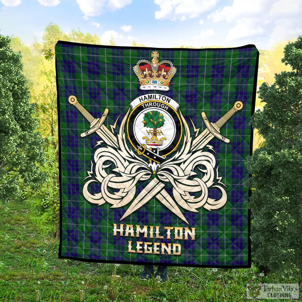 Tartan Vibes Clothing Hamilton Green Hunting Tartan Quilt with Clan Crest and the Golden Sword of Courageous Legacy