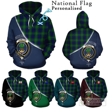 Hamilton Green Hunting Tartan Hoodie with Personalised National Flag and Family Crest Half Style