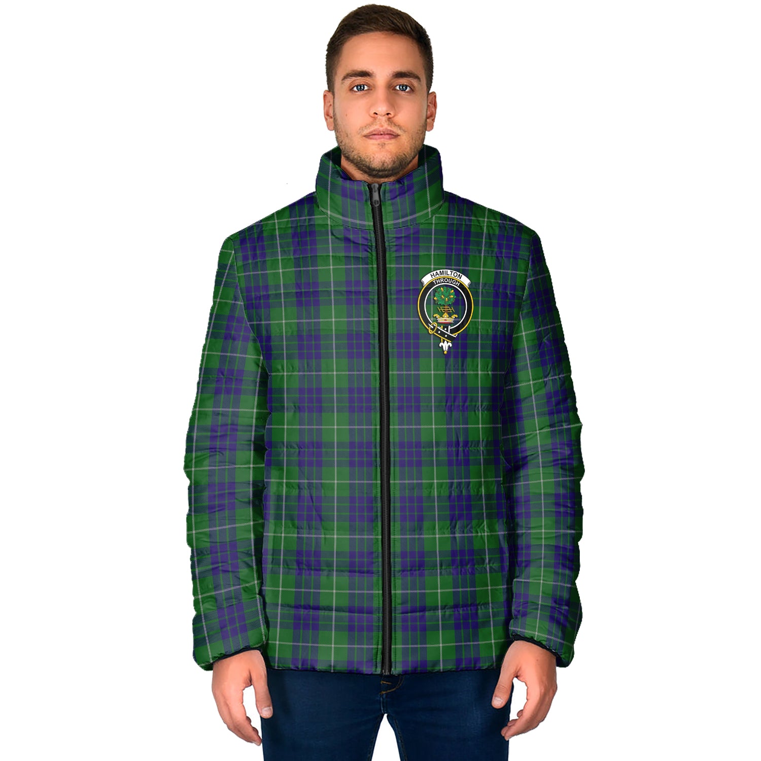 Hamilton Green Hunting Tartan Padded Jacket with Family Crest - Tartan Vibes Clothing