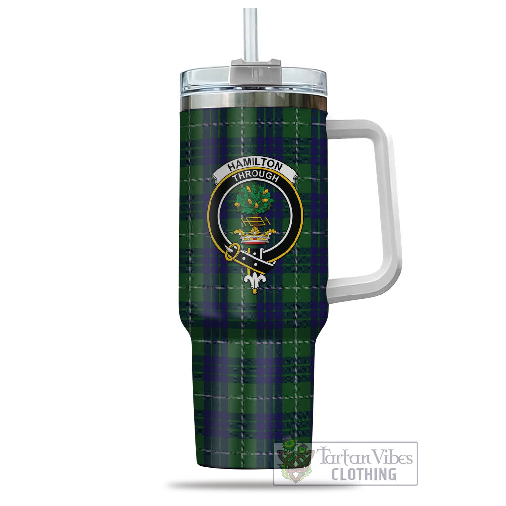 Tartan Vibes Clothing Hamilton Green Hunting Tartan and Family Crest Tumbler with Handle