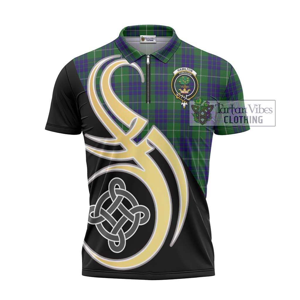 Tartan Vibes Clothing Hamilton Green Hunting Tartan Zipper Polo Shirt with Family Crest and Celtic Symbol Style