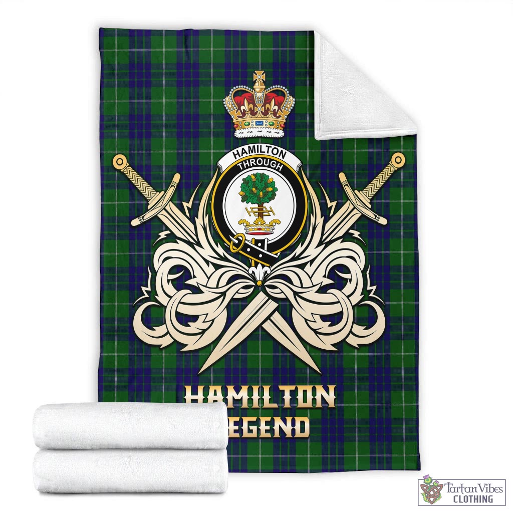 Tartan Vibes Clothing Hamilton Green Hunting Tartan Blanket with Clan Crest and the Golden Sword of Courageous Legacy