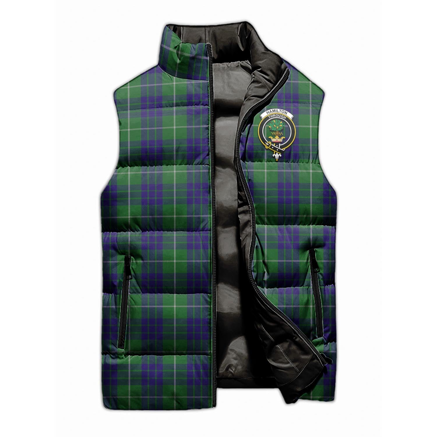 Hamilton Green Hunting Tartan Sleeveless Puffer Jacket with Family Crest - Tartanvibesclothing