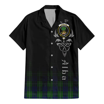 Hamilton Green Hunting Tartan Short Sleeve Button Up Shirt Featuring Alba Gu Brath Family Crest Celtic Inspired