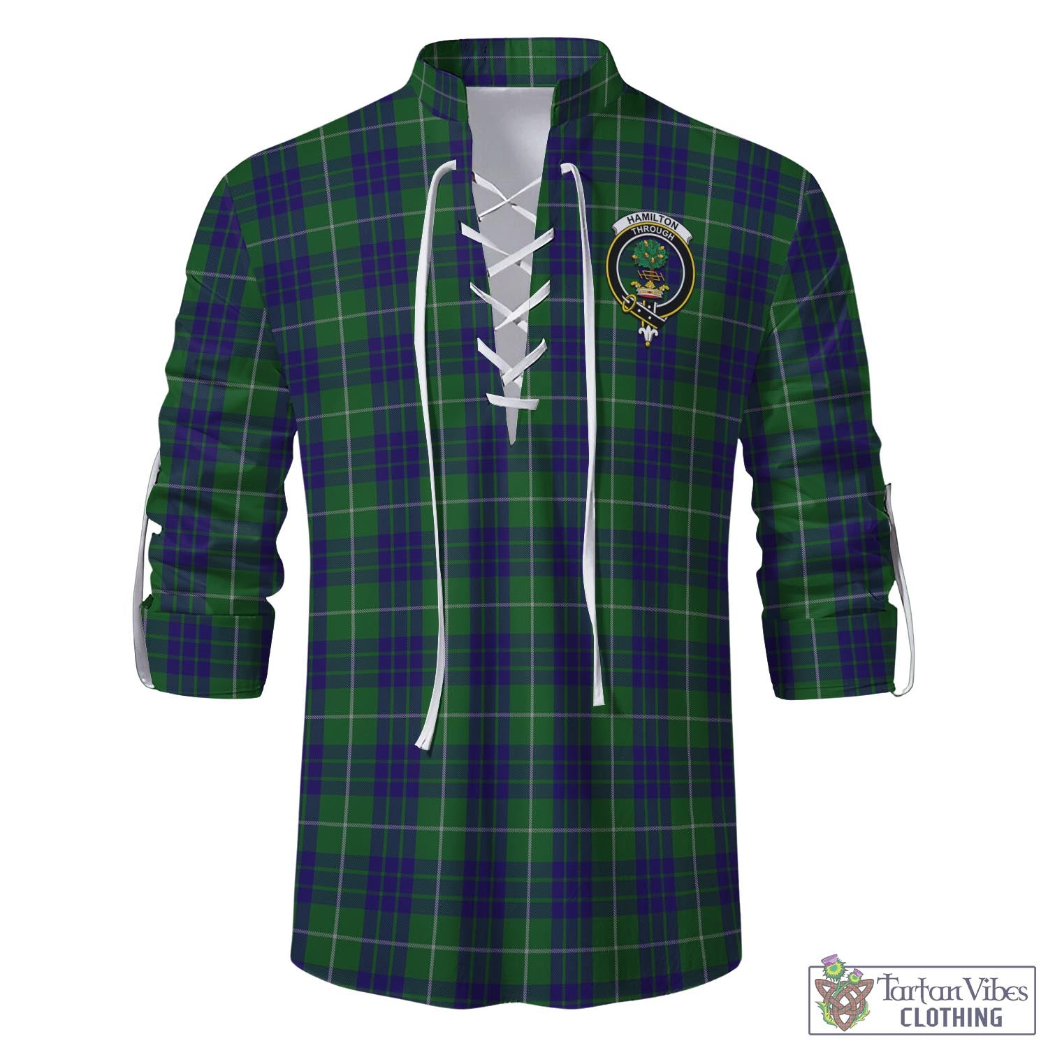 Tartan Vibes Clothing Hamilton Green Hunting Tartan Men's Scottish Traditional Jacobite Ghillie Kilt Shirt with Family Crest