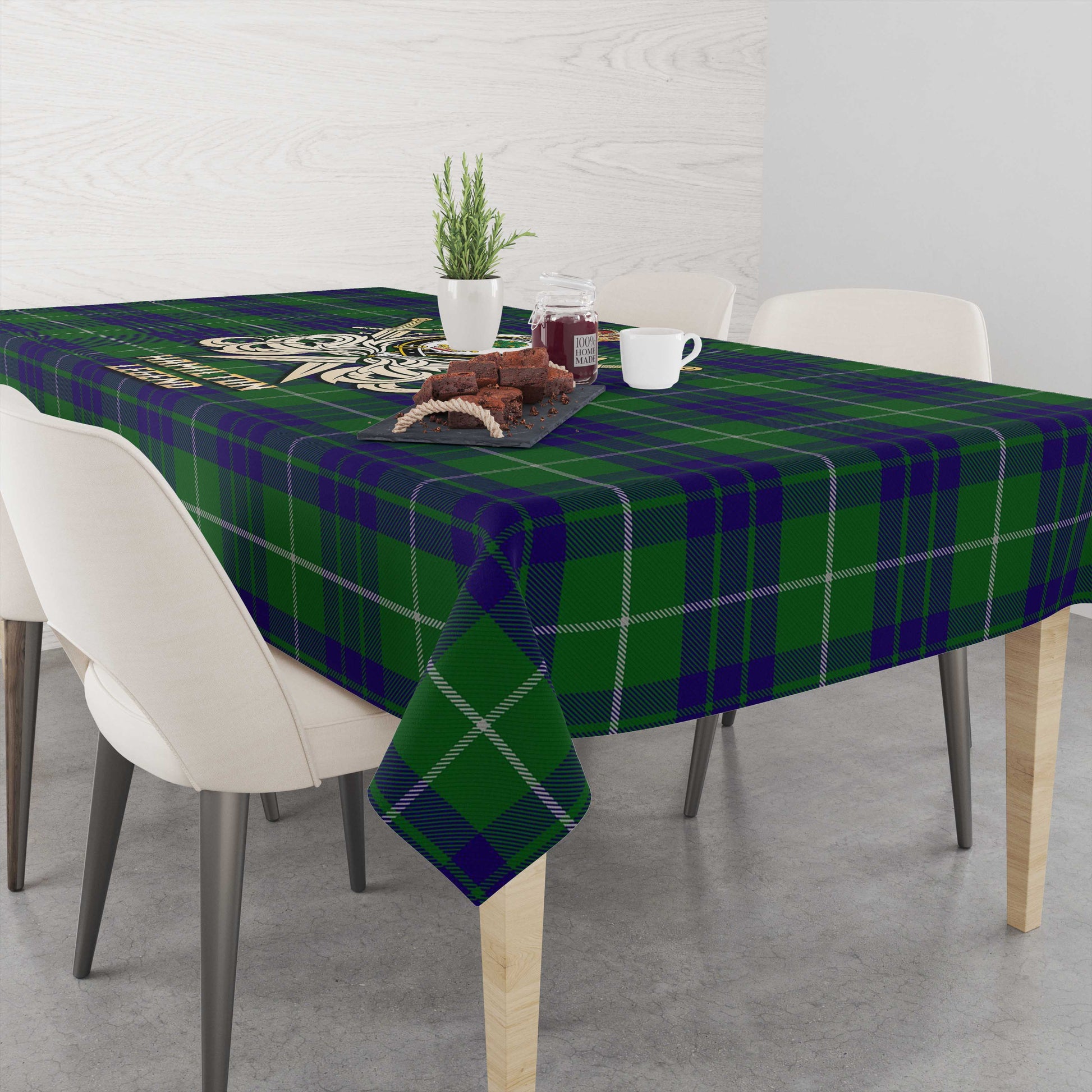 Tartan Vibes Clothing Hamilton Green Hunting Tartan Tablecloth with Clan Crest and the Golden Sword of Courageous Legacy