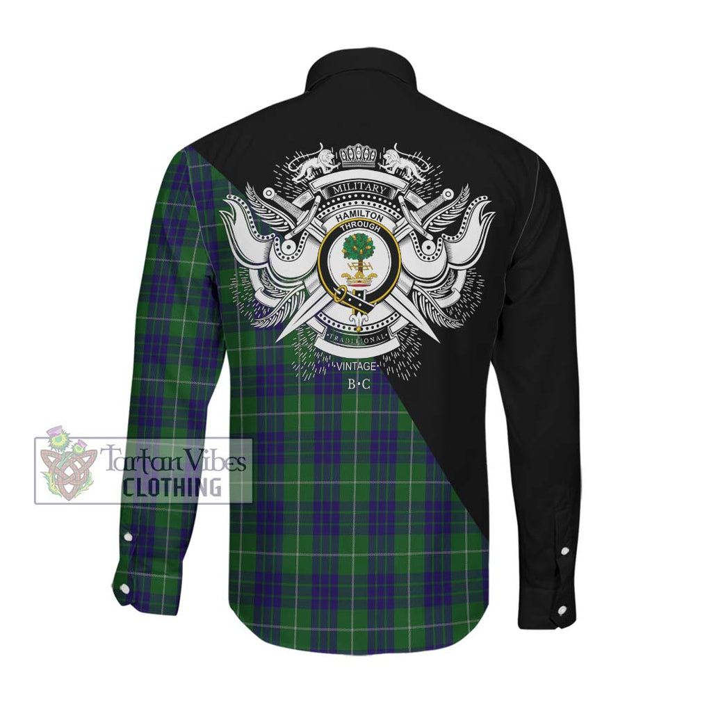 Hamilton Green Hunting Tartan Long Sleeve Button Shirt with Family Crest and Military Logo Style Men's Shirt - Tartanvibesclothing Shop