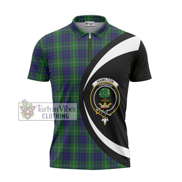 Hamilton Green Hunting Tartan Zipper Polo Shirt with Family Crest Circle Style