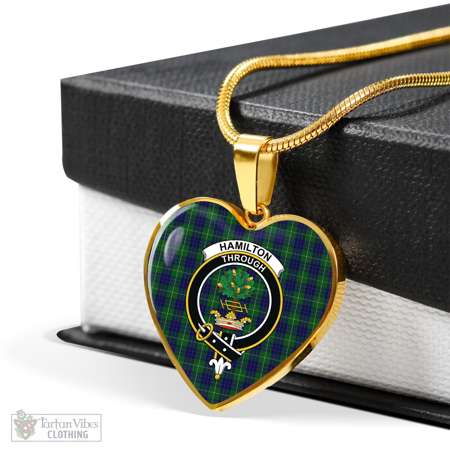 Tartan Vibes Clothing Hamilton Green Hunting Tartan Heart Necklace with Family Crest