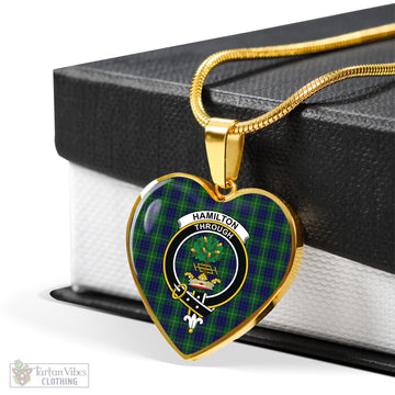 Hamilton Green Hunting Tartan Heart Necklace with Family Crest