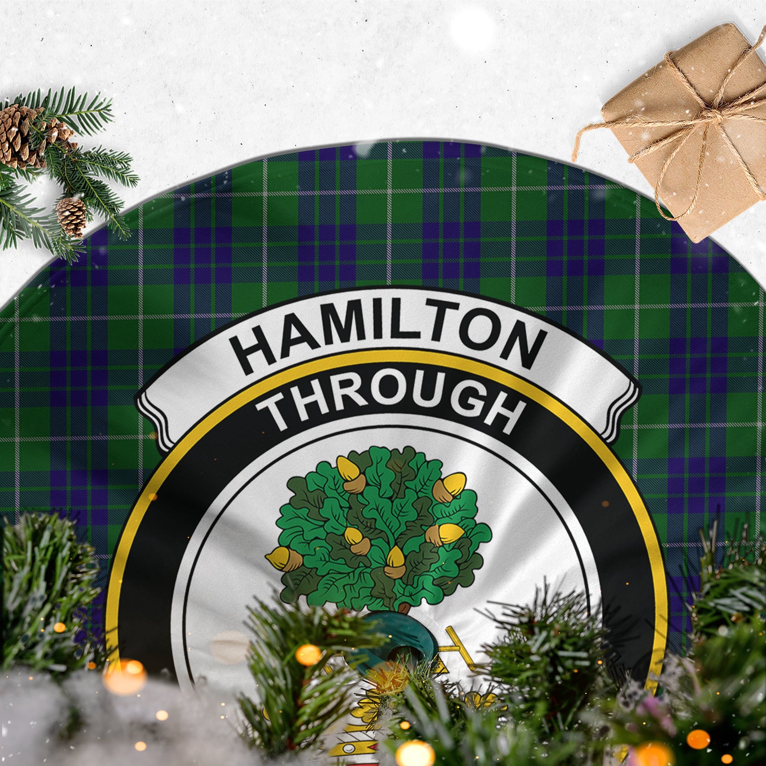 Hamilton Green Hunting Tartan Christmas Tree Skirt with Family Crest - Tartanvibesclothing