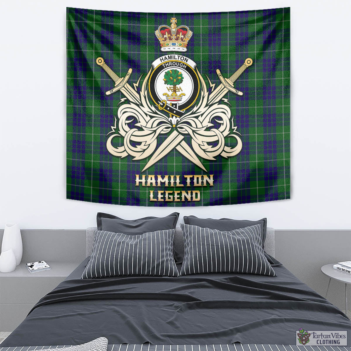 Tartan Vibes Clothing Hamilton Green Hunting Tartan Tapestry with Clan Crest and the Golden Sword of Courageous Legacy