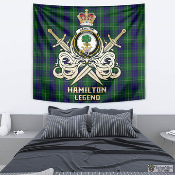 Hamilton Green Hunting Tartan Tapestry with Clan Crest and the Golden Sword of Courageous Legacy