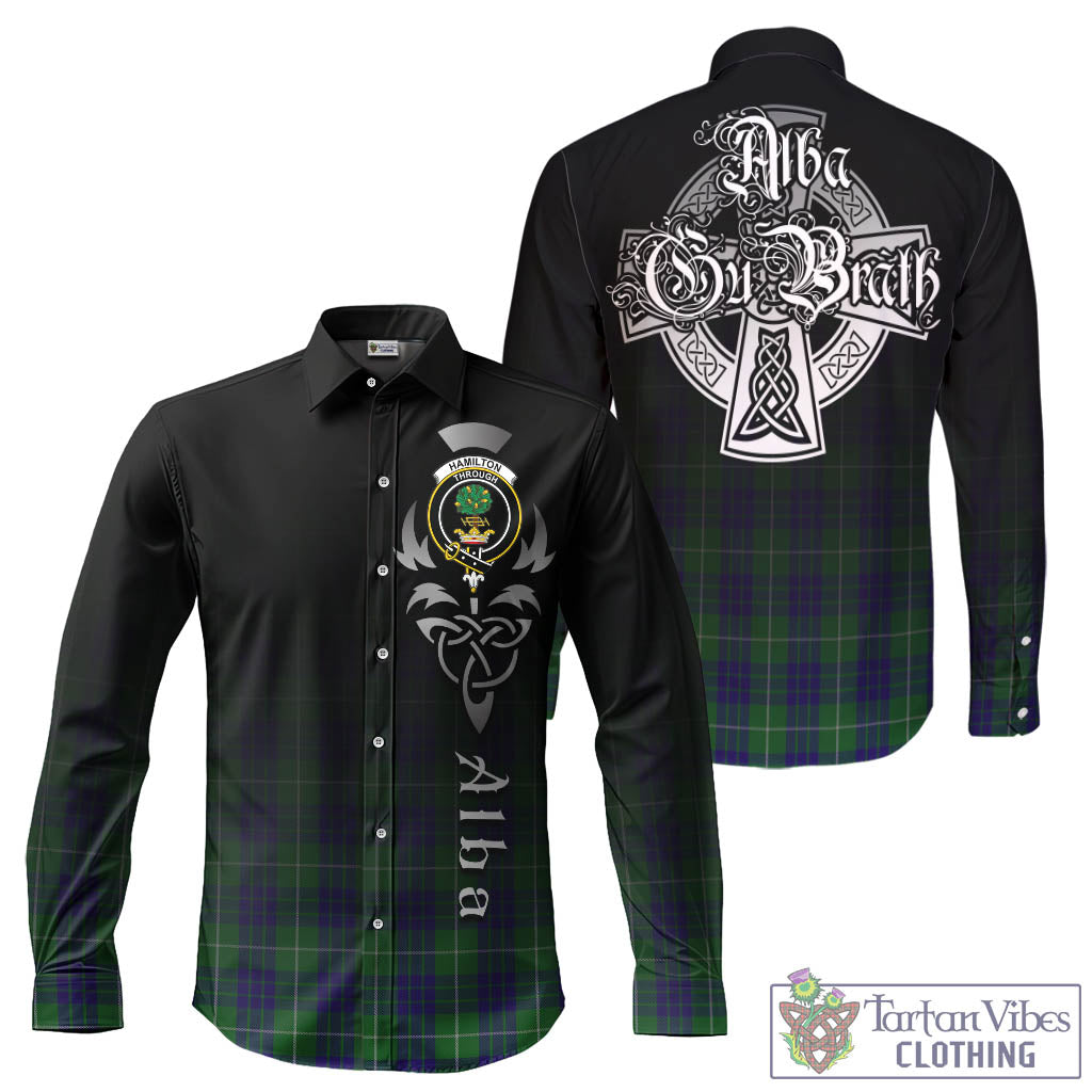 Tartan Vibes Clothing Hamilton Green Hunting Tartan Long Sleeve Button Up Featuring Alba Gu Brath Family Crest Celtic Inspired