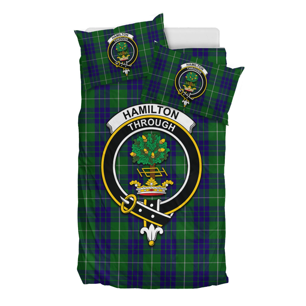 Hamilton Green Hunting Tartan Bedding Set with Family Crest - Tartan Vibes Clothing