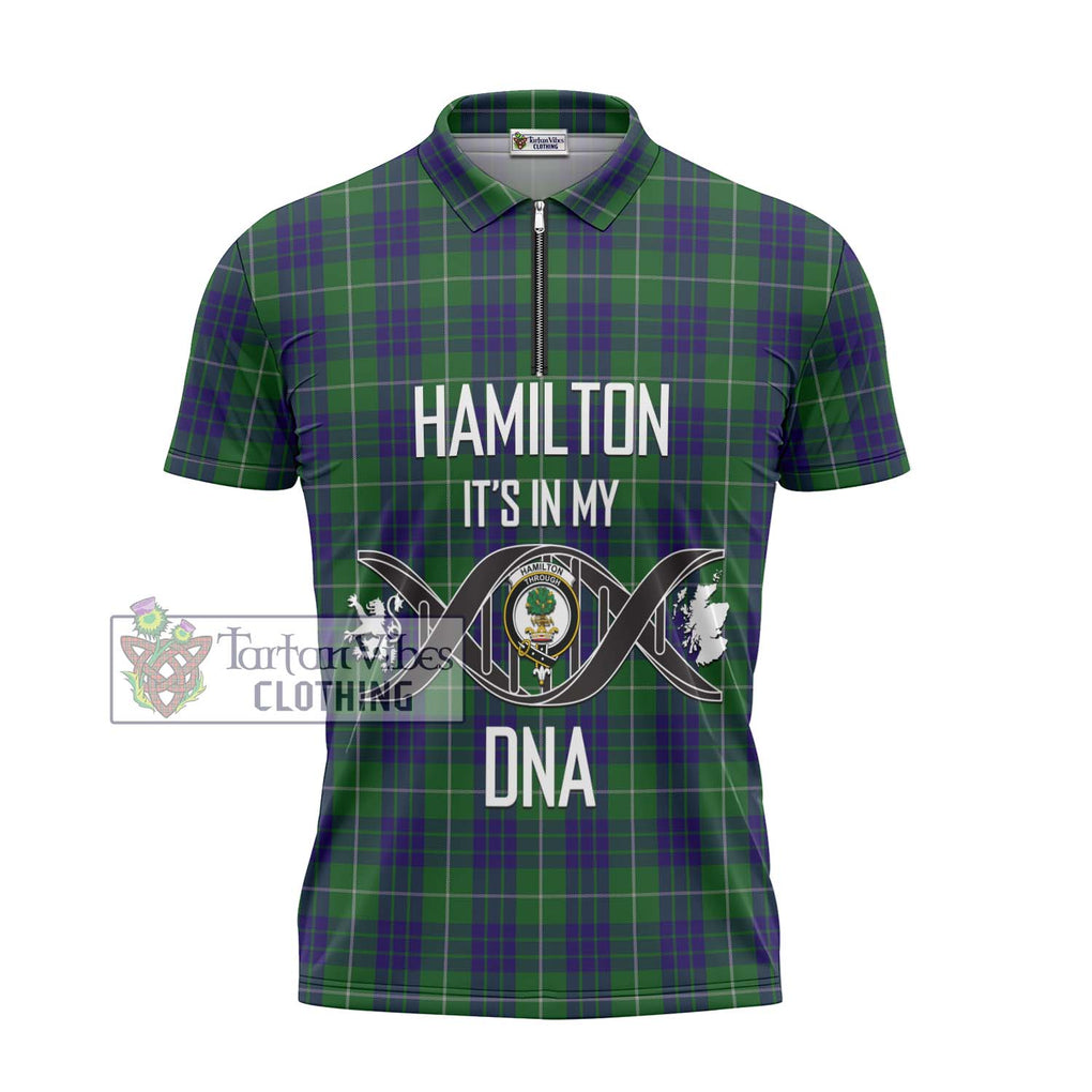 Hamilton Green Hunting Tartan Zipper Polo Shirt with Family Crest DNA In Me Style - Tartanvibesclothing Shop