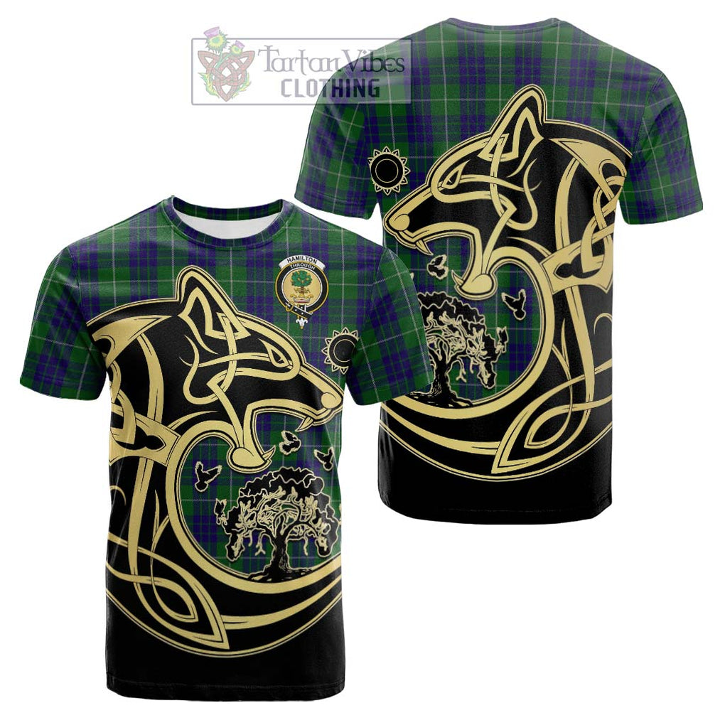 Tartan Vibes Clothing Hamilton Green Hunting Tartan Cotton T-shirt with Family Crest Celtic Wolf Style