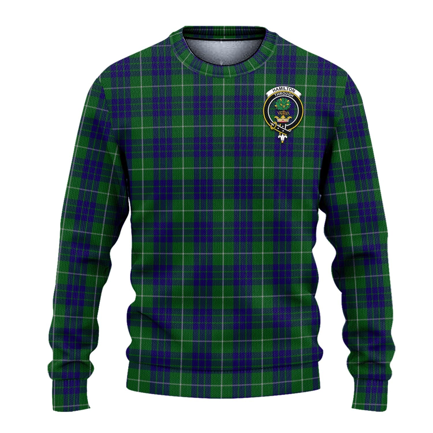 Hamilton Green Hunting Tartan Knitted Sweater with Family Crest - Tartanvibesclothing