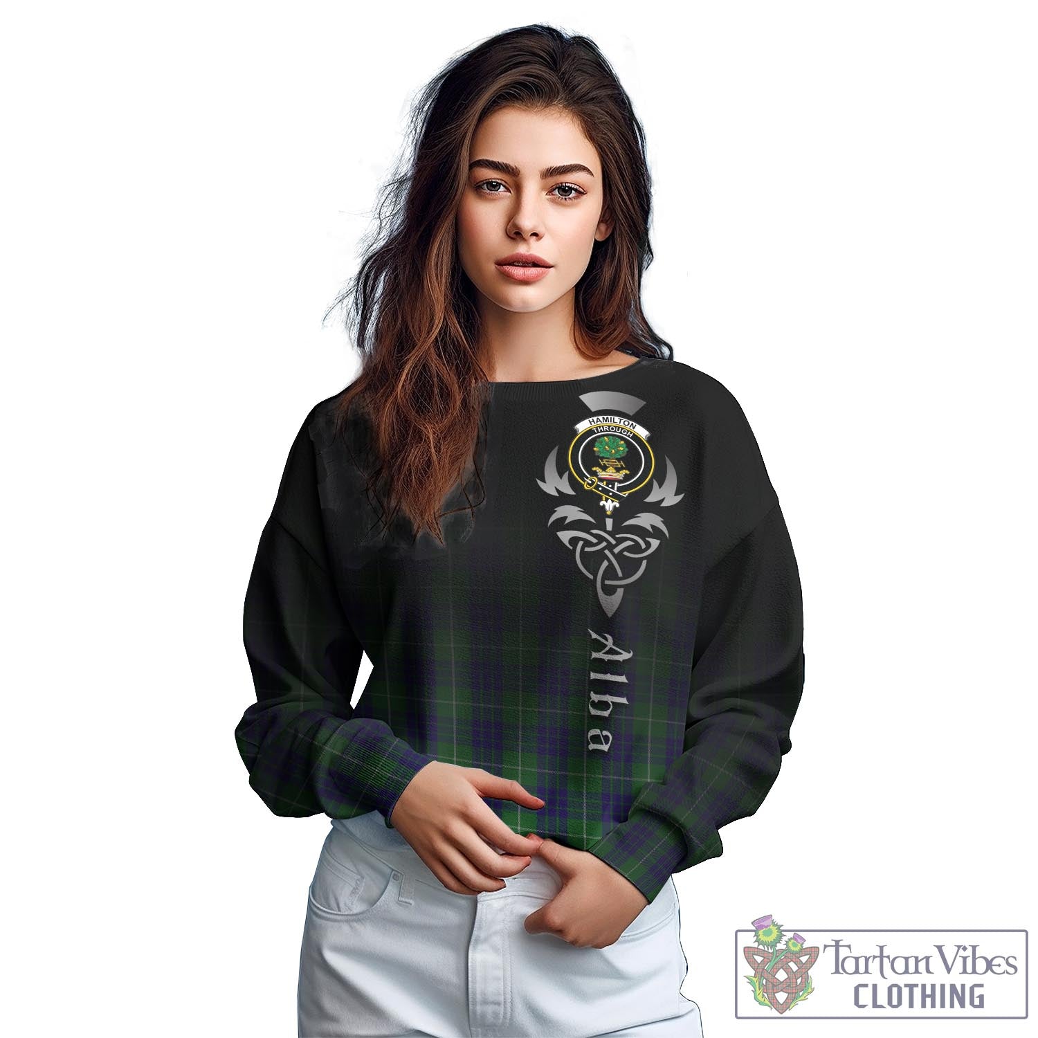 Tartan Vibes Clothing Hamilton Green Hunting Tartan Sweatshirt Featuring Alba Gu Brath Family Crest Celtic Inspired