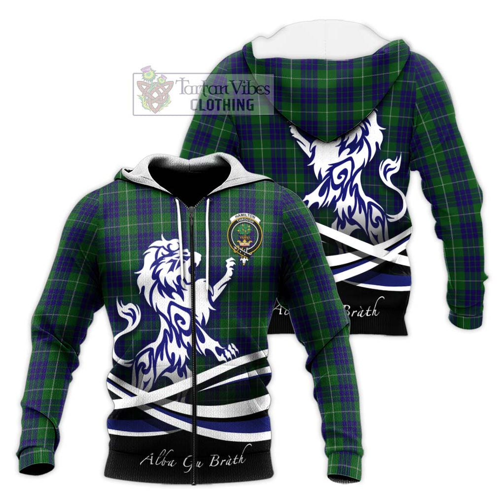 Hamilton Green Hunting Tartan Knitted Hoodie with Alba Gu Brath Regal Lion Emblem Unisex Knitted Zip Hoodie - Tartanvibesclothing Shop