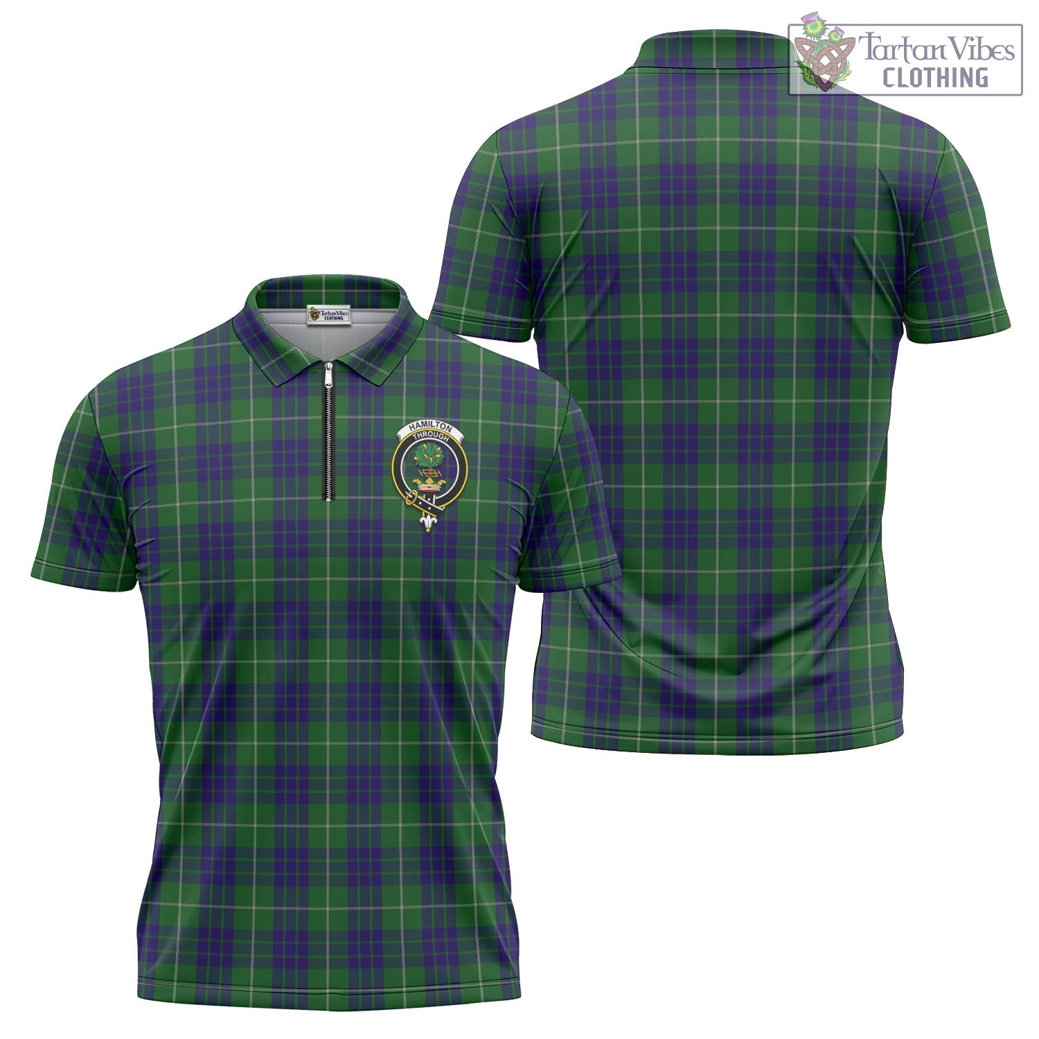 Tartan Vibes Clothing Hamilton Green Hunting Tartan Zipper Polo Shirt with Family Crest