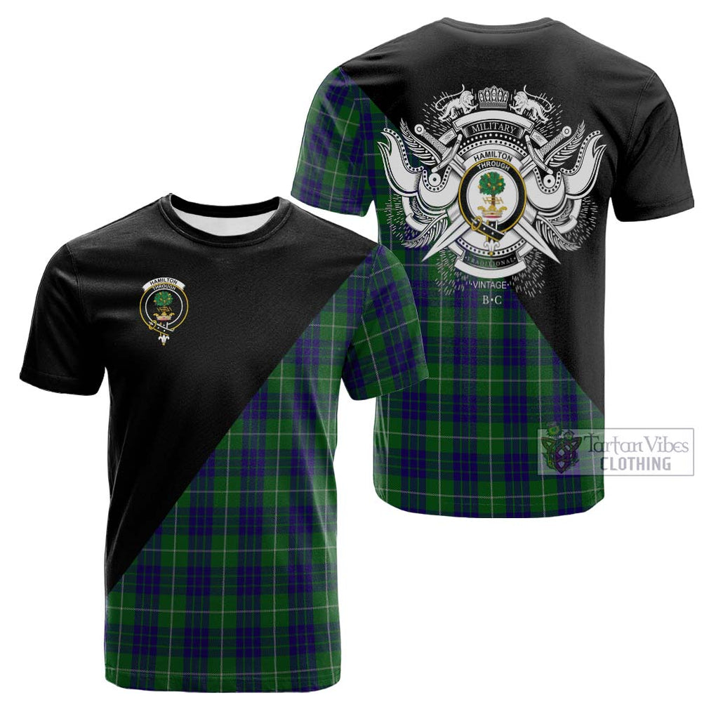 Tartan Vibes Clothing Hamilton Green Hunting Tartan Cotton T-shirt with Family Crest and Military Logo Style