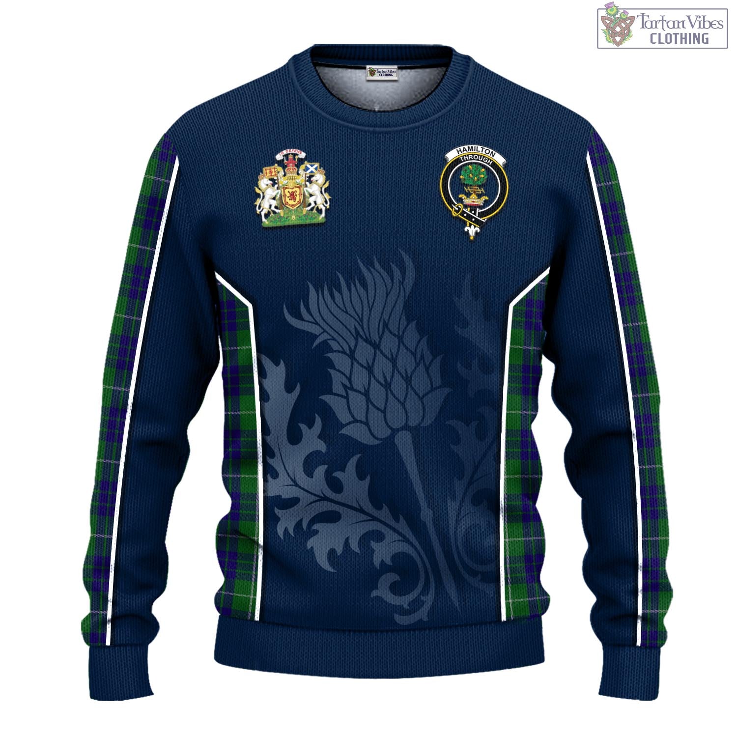 Tartan Vibes Clothing Hamilton Green Hunting Tartan Knitted Sweatshirt with Family Crest and Scottish Thistle Vibes Sport Style