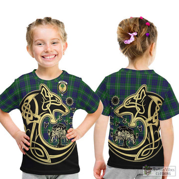 Hamilton Green Hunting Tartan Kid T-Shirt with Family Crest Celtic Wolf Style