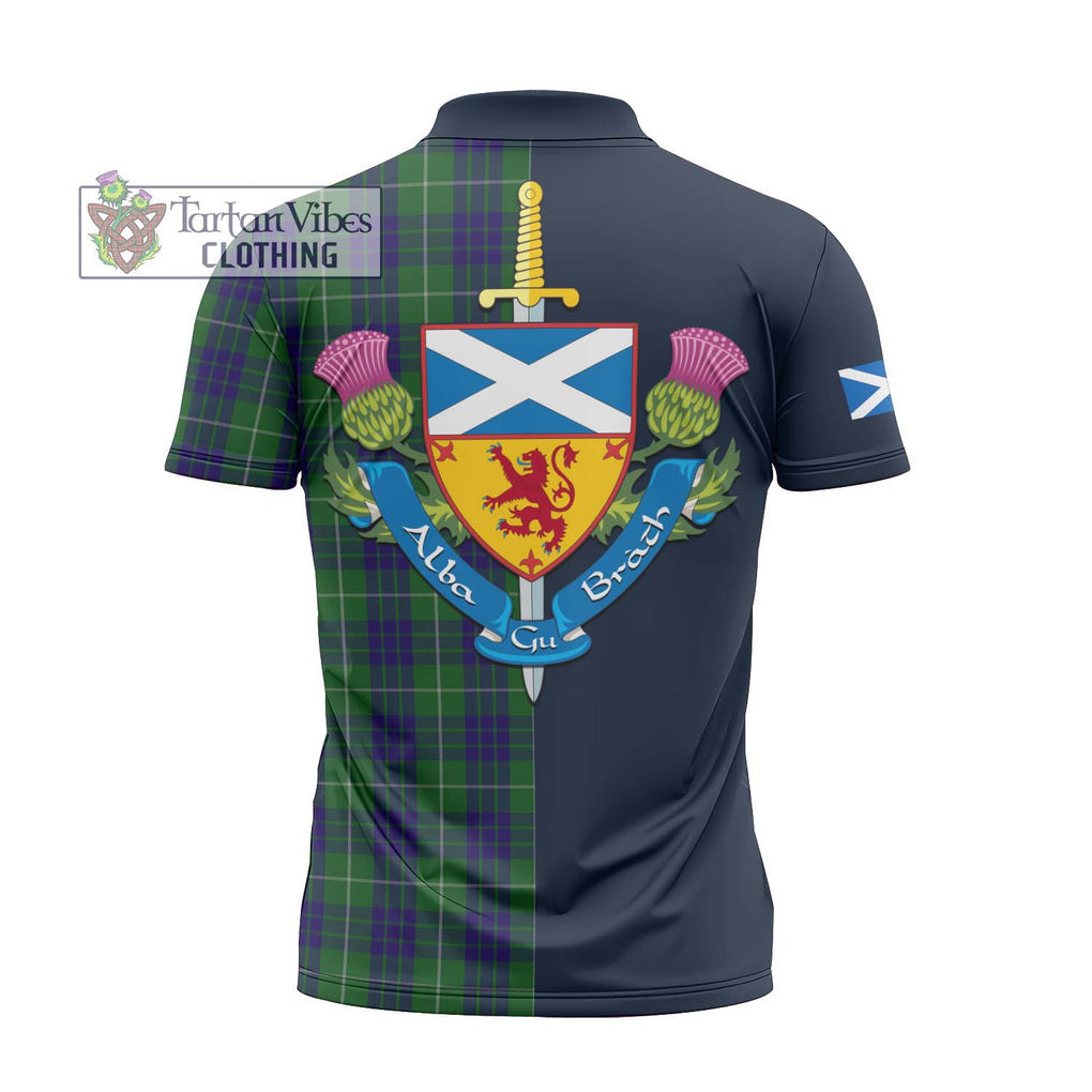 Tartan Vibes Clothing Hamilton Green Hunting Tartan Zipper Polo Shirt with Scottish Lion Royal Arm Half Style