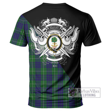 Hamilton Green Hunting Tartan T-Shirt with Family Crest and Military Logo Style