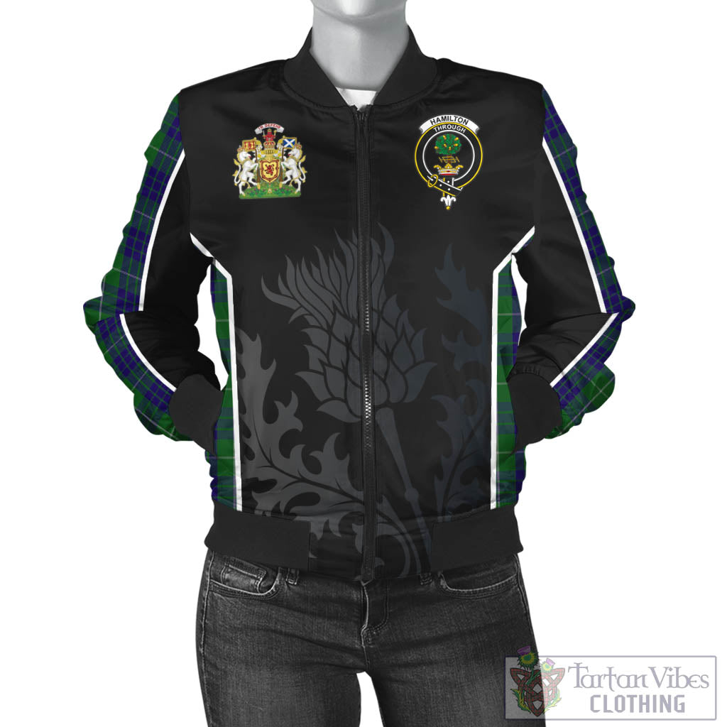 Tartan Vibes Clothing Hamilton Green Hunting Tartan Bomber Jacket with Family Crest and Scottish Thistle Vibes Sport Style