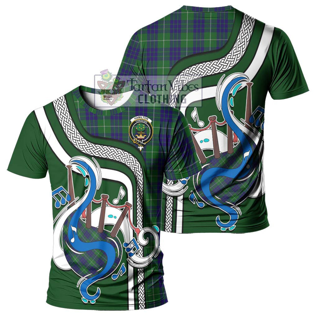 Hamilton Green Hunting Tartan T-Shirt with Epic Bagpipe Style - Tartanvibesclothing Shop