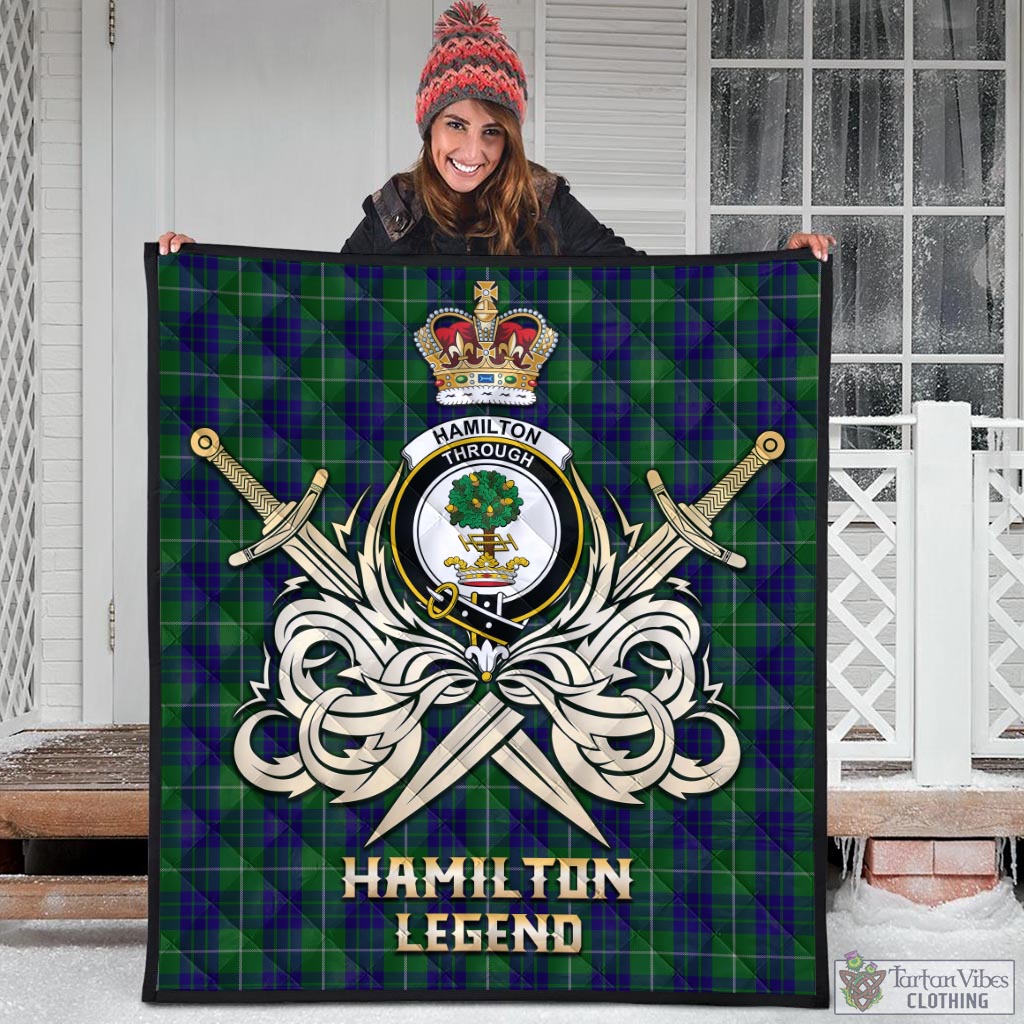 Tartan Vibes Clothing Hamilton Green Hunting Tartan Quilt with Clan Crest and the Golden Sword of Courageous Legacy