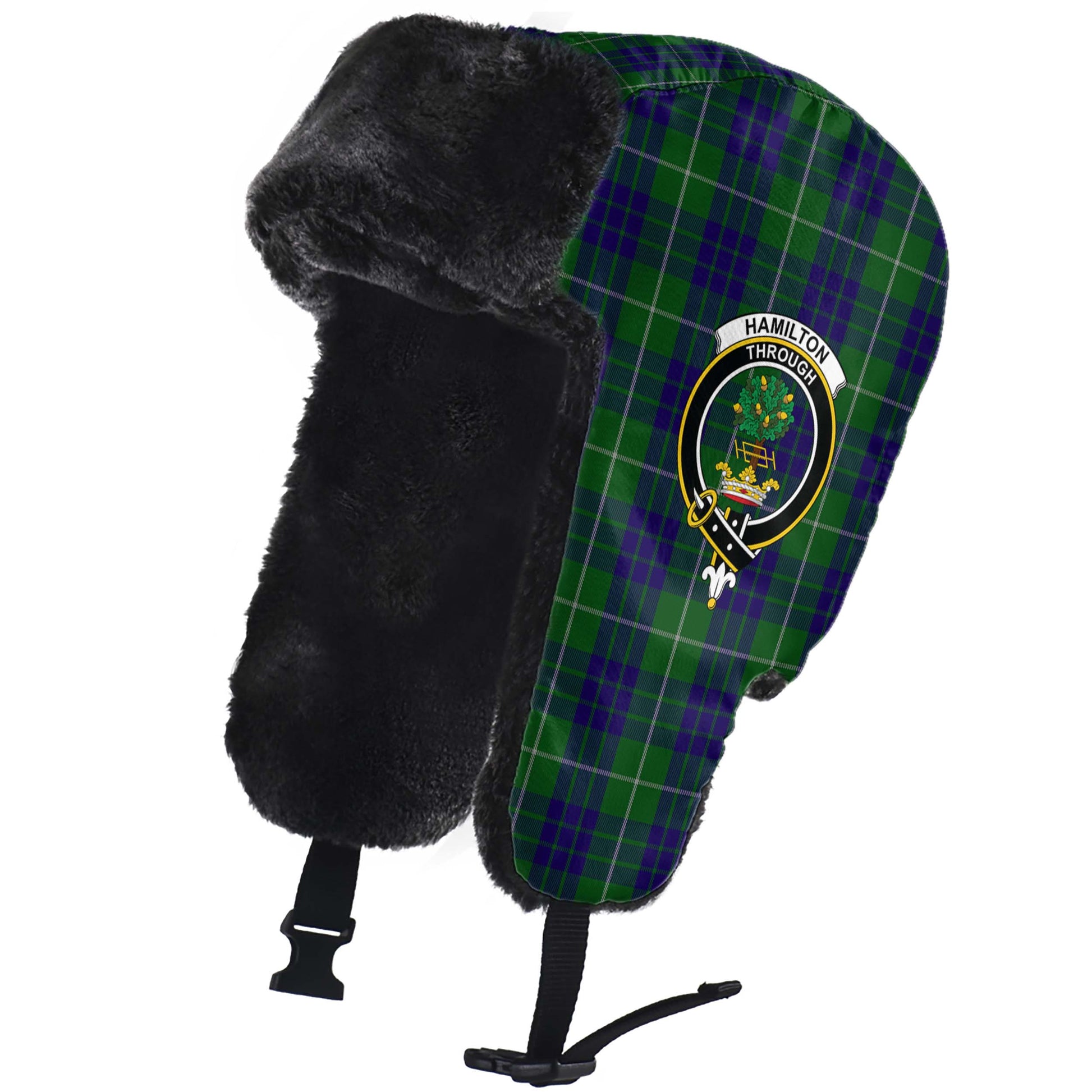 Hamilton Green Hunting Tartan Winter Trapper Hat with Family Crest - Tartanvibesclothing