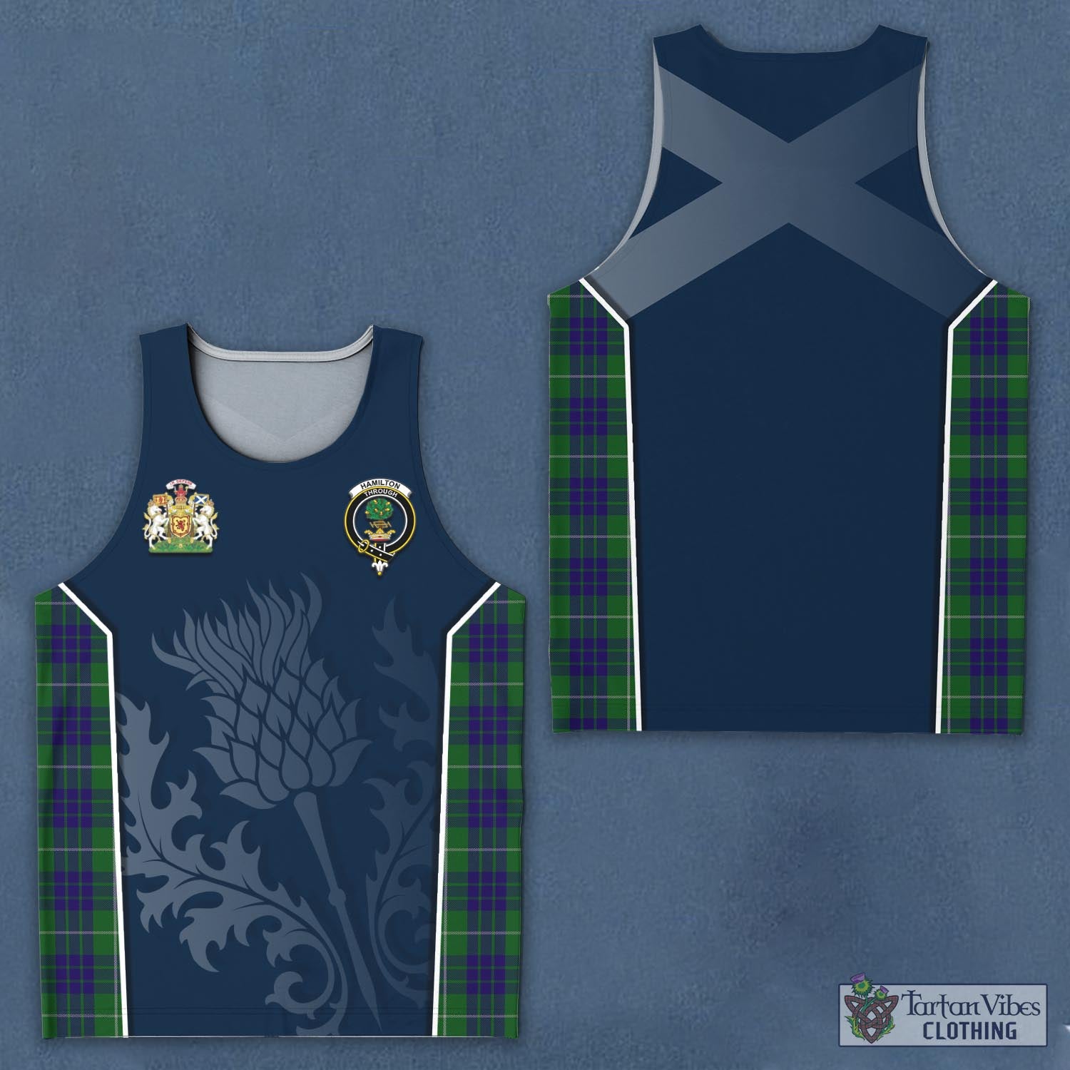 Tartan Vibes Clothing Hamilton Green Hunting Tartan Men's Tanks Top with Family Crest and Scottish Thistle Vibes Sport Style