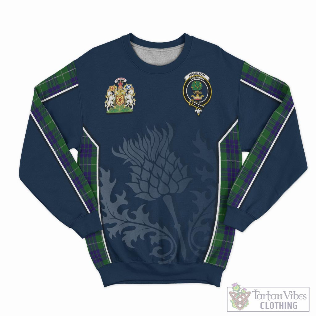 Tartan Vibes Clothing Hamilton Green Hunting Tartan Sweatshirt with Family Crest and Scottish Thistle Vibes Sport Style