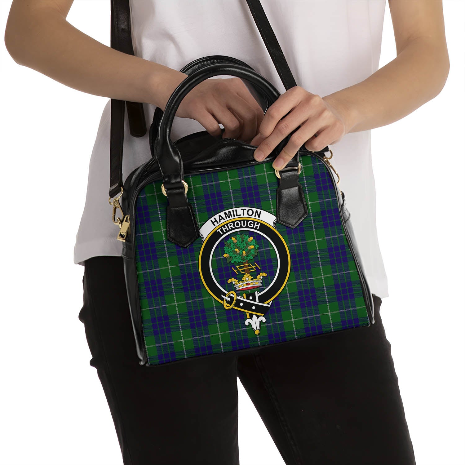 Hamilton Green Hunting Tartan Shoulder Handbags with Family Crest - Tartanvibesclothing