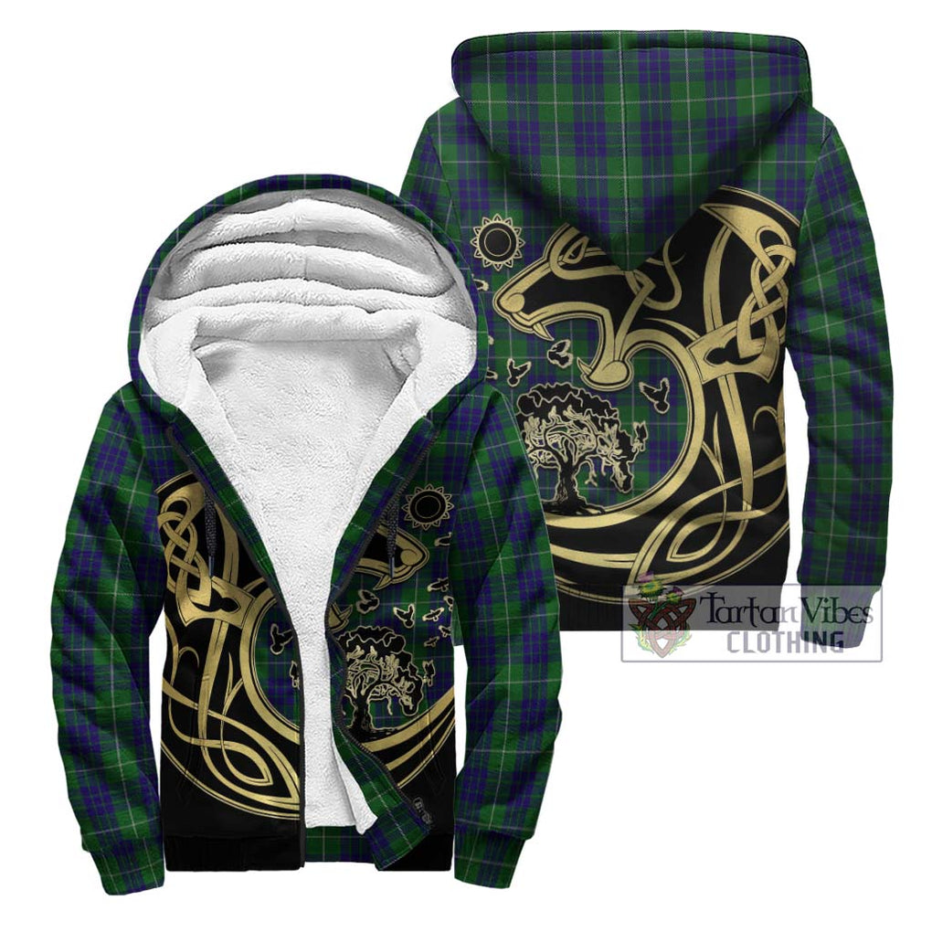 Hamilton Green Hunting Tartan Sherpa Hoodie with Family Crest Celtic Wolf Style Unisex - Tartan Vibes Clothing