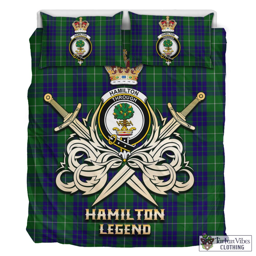 Tartan Vibes Clothing Hamilton Green Hunting Tartan Bedding Set with Clan Crest and the Golden Sword of Courageous Legacy