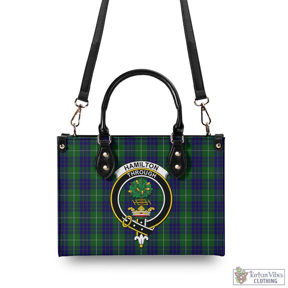 Tartan Vibes Clothing Hamilton Green Hunting Tartan Luxury Leather Handbags with Family Crest