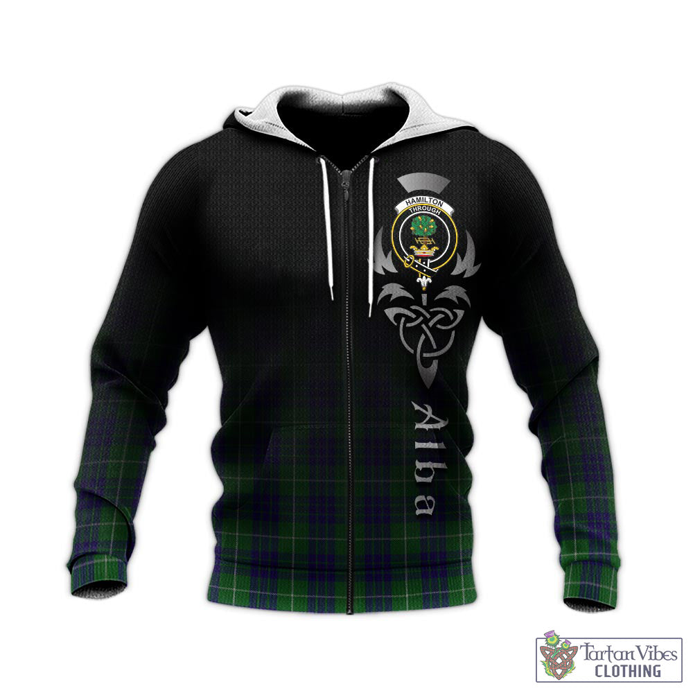 Tartan Vibes Clothing Hamilton Green Hunting Tartan Knitted Hoodie Featuring Alba Gu Brath Family Crest Celtic Inspired