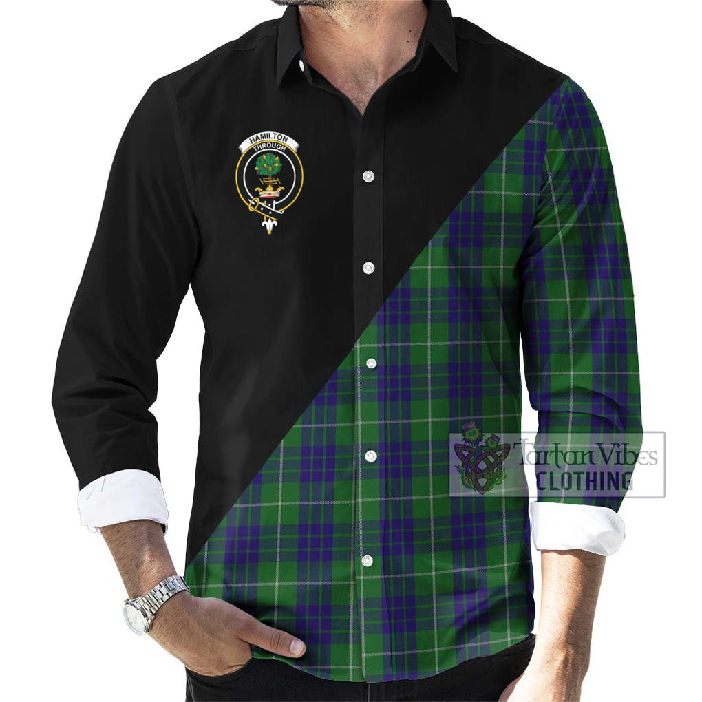 Hamilton Green Hunting Tartan Long Sleeve Button Shirt with Family Crest and Military Logo Style - Tartanvibesclothing Shop