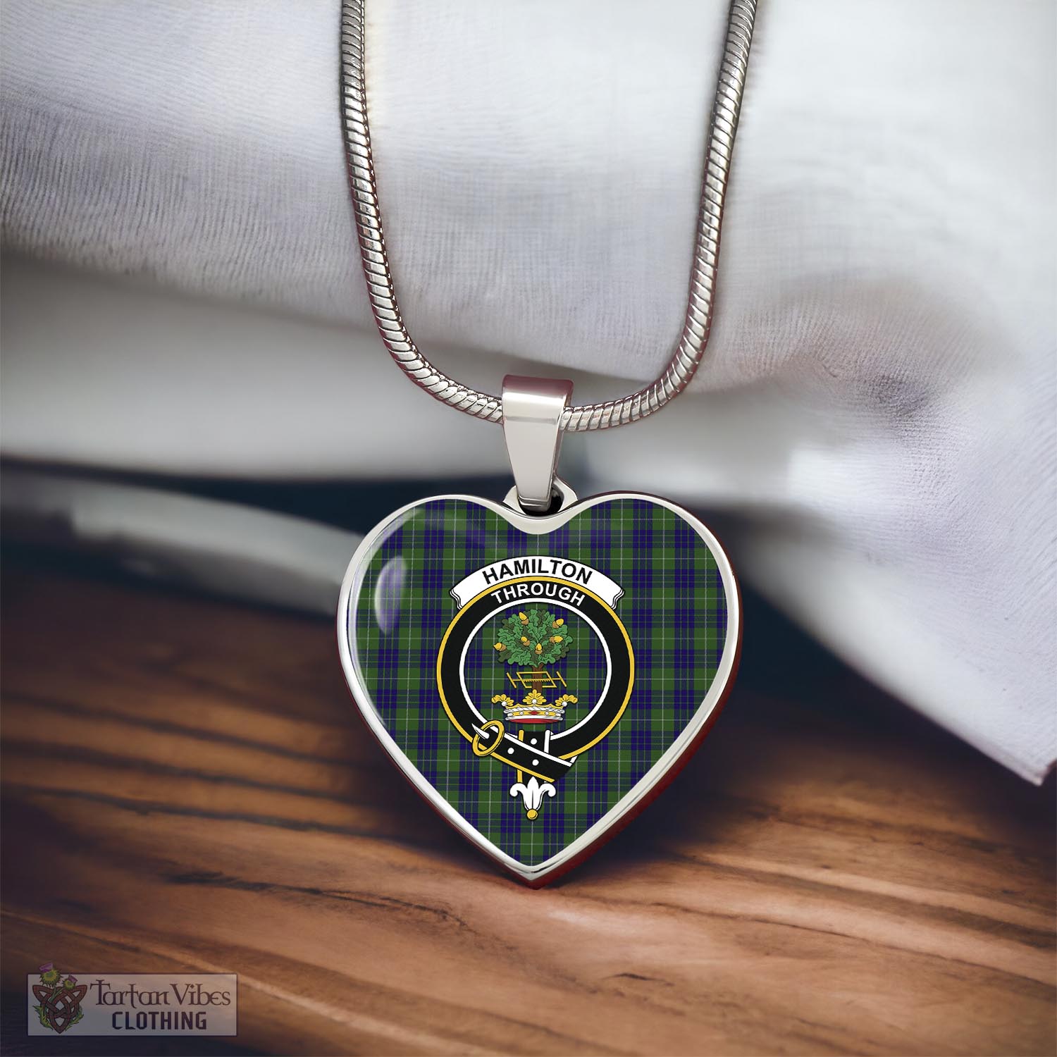 Tartan Vibes Clothing Hamilton Green Hunting Tartan Heart Necklace with Family Crest