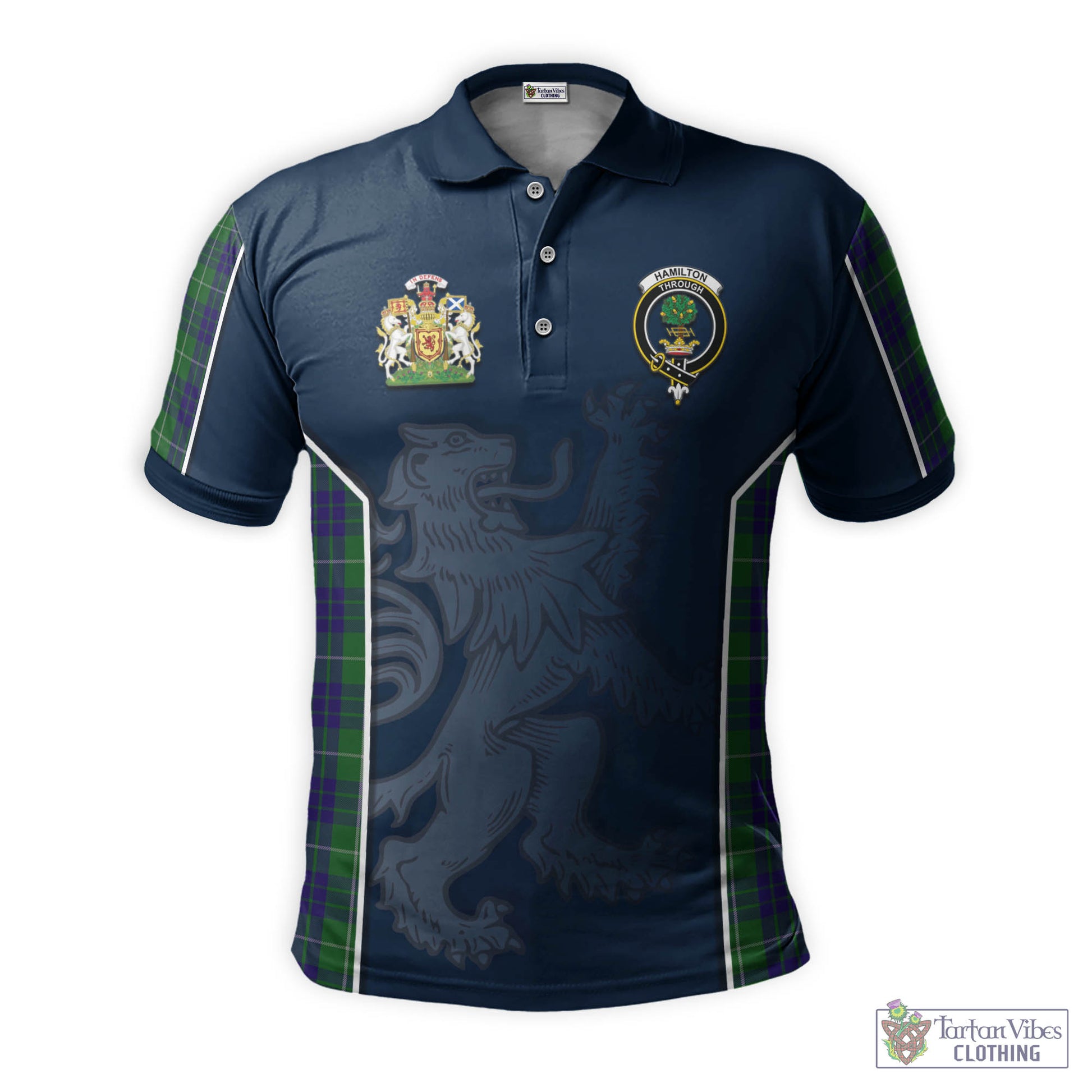 Tartan Vibes Clothing Hamilton Green Hunting Tartan Men's Polo Shirt with Family Crest and Lion Rampant Vibes Sport Style