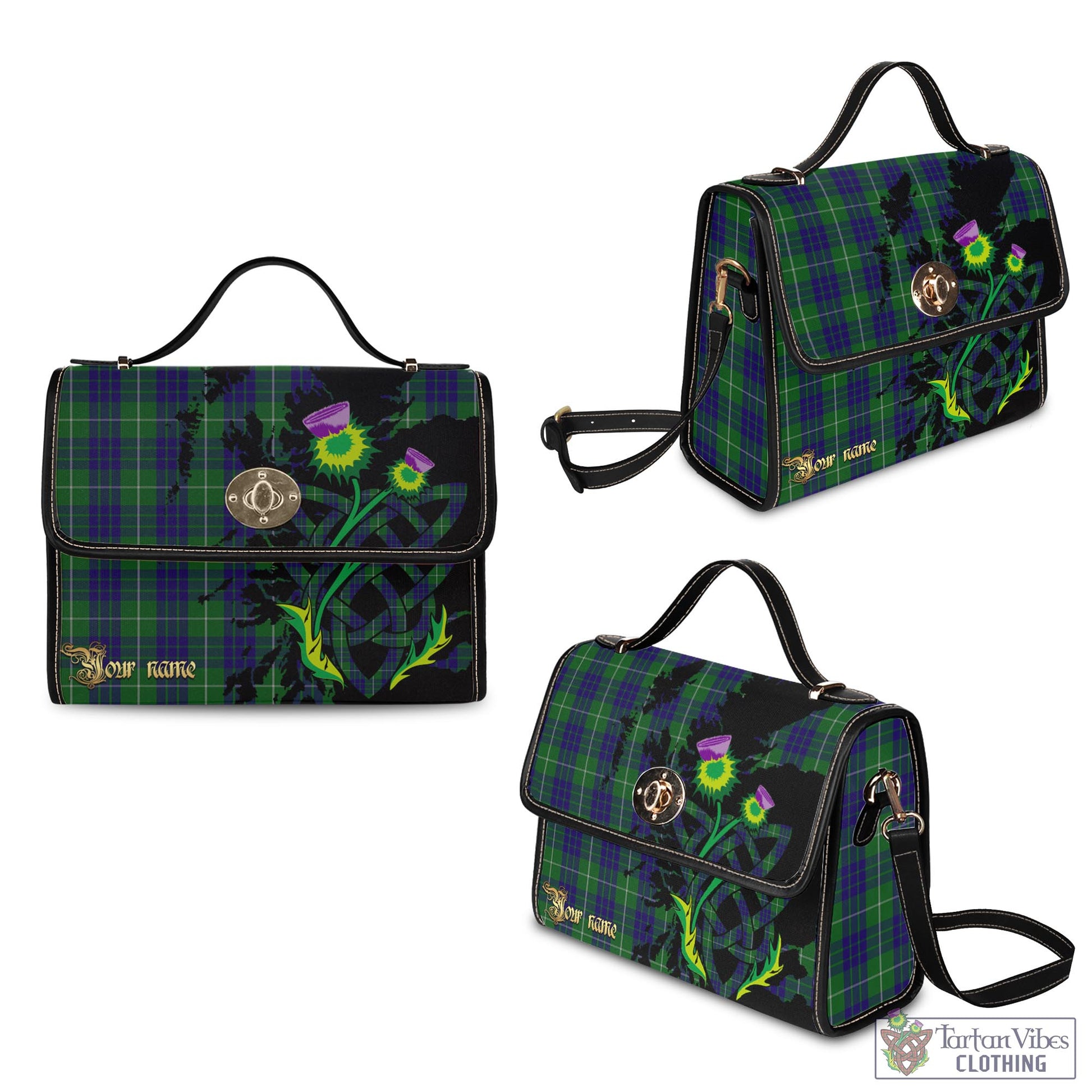 Tartan Vibes Clothing Hamilton Green Hunting Tartan Waterproof Canvas Bag with Scotland Map and Thistle Celtic Accents